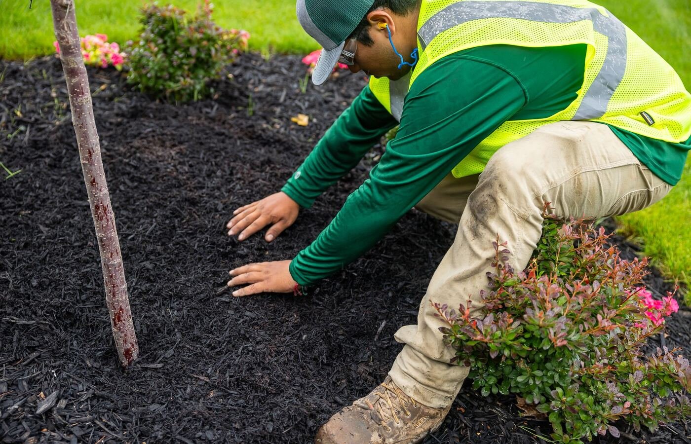 Mulch installation in garden beds